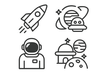 Creative space illustrations featuring a rocket, planet, alien ship, and astronaut on a whimsical celestial background