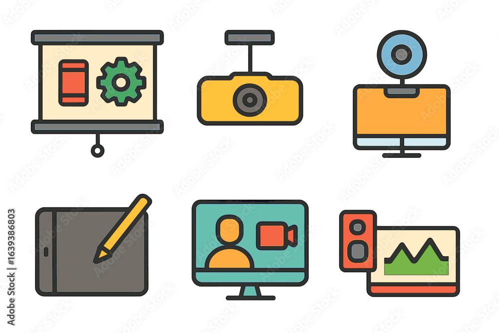 Poster icon set showcasing different tools for digital content creation and presentation in a modern worksp