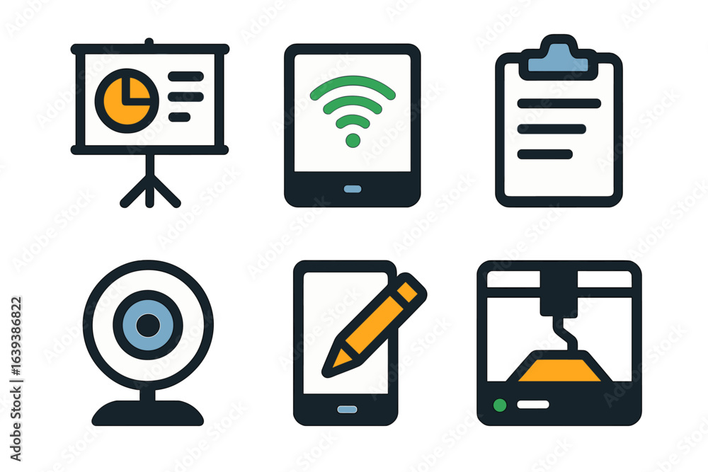 Poster elements of modern technology and communication tools displayed in a creative layout