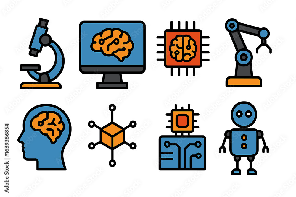 Poster modern technology and artificial intelligence elements represented through icons on a digital canvas