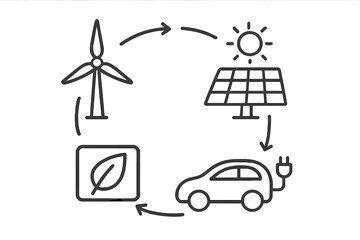 Renewable energy cycle illustrating wind, solar, and electric car integration for sustainable living and reduced emissions