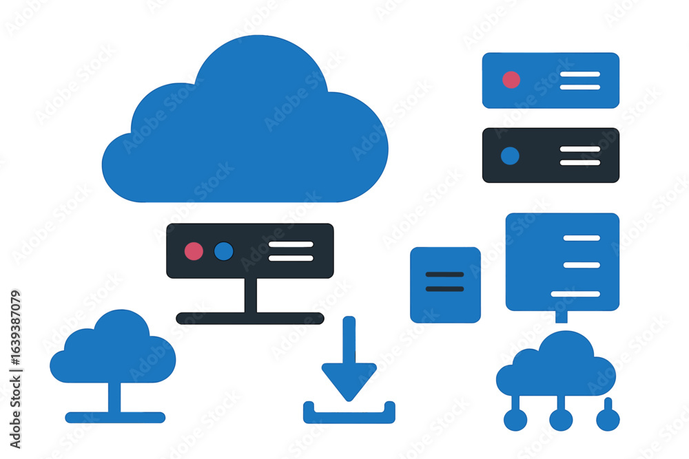 Poster cloud computing symbols illustrating digital storage, data management, and networking concepts for t