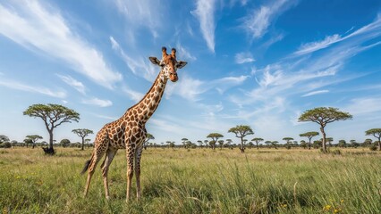 Obraz premium Small giraffe exploring the vast natural park environment