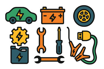 Electric vehicle maintenance tools and components arranged in a vibrant and colorful graphic design featuring various symbols