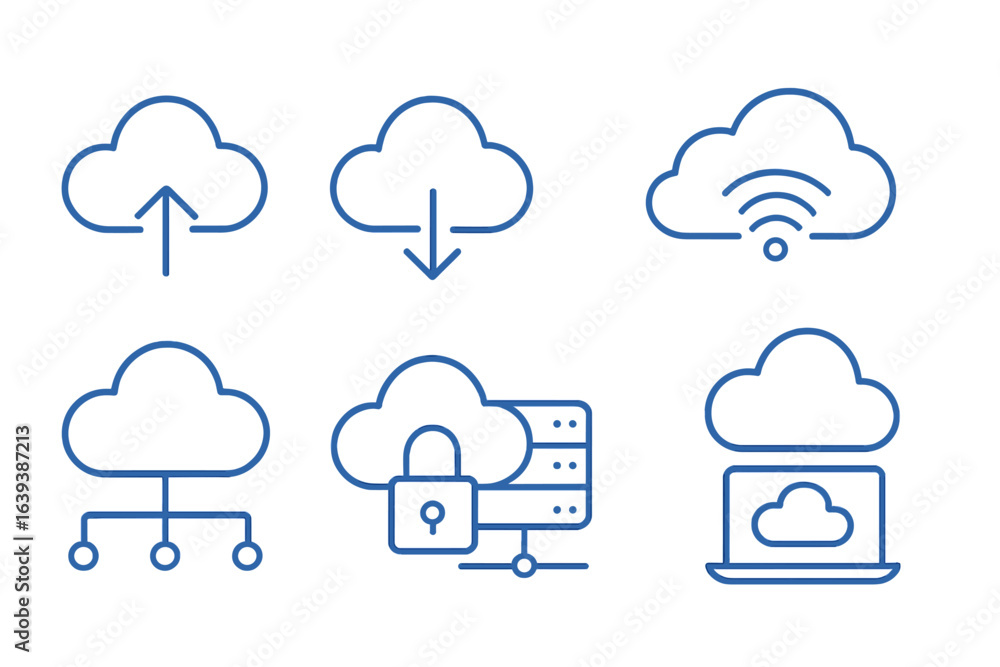 Poster cloud computing icons depicting upload, download, wireless connectivity, security, and data manageme