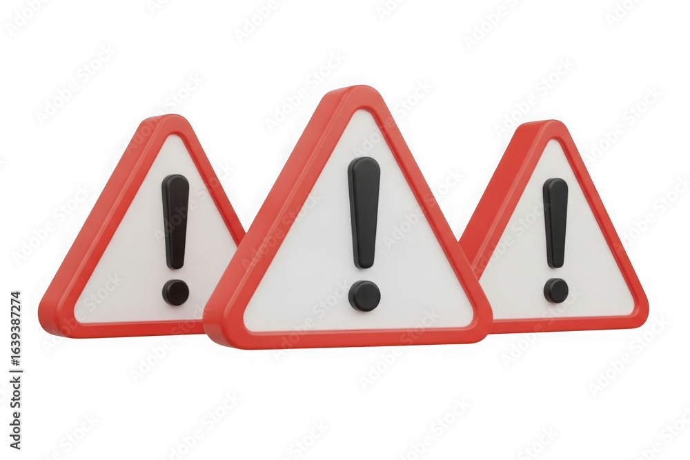 Poster three orange and white triangular warning signs with black exclamation marks 3d rendering isolated o