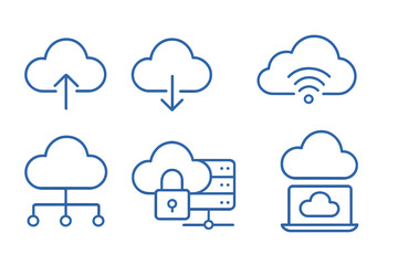 Cloud computing icons depicting upload, download, wireless connectivity, security, and data management concepts