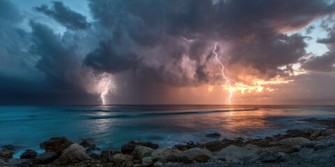 Lightning flashing on the horizon of a stormy ocean coast