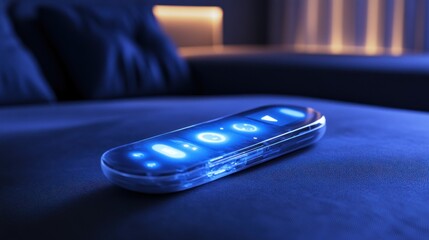 A futuristic remote control made of a single piece of transparent, touch-sensitive glass, its icons glowing softly from within, resting on a modern sofa, lifestyle product shot.
