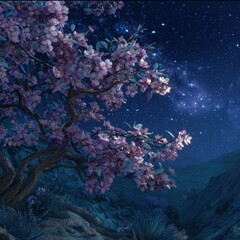 Fototapeta premium Night blooming cherry tree, starlit mountains, serene landscape, digital art, phone wallpaper