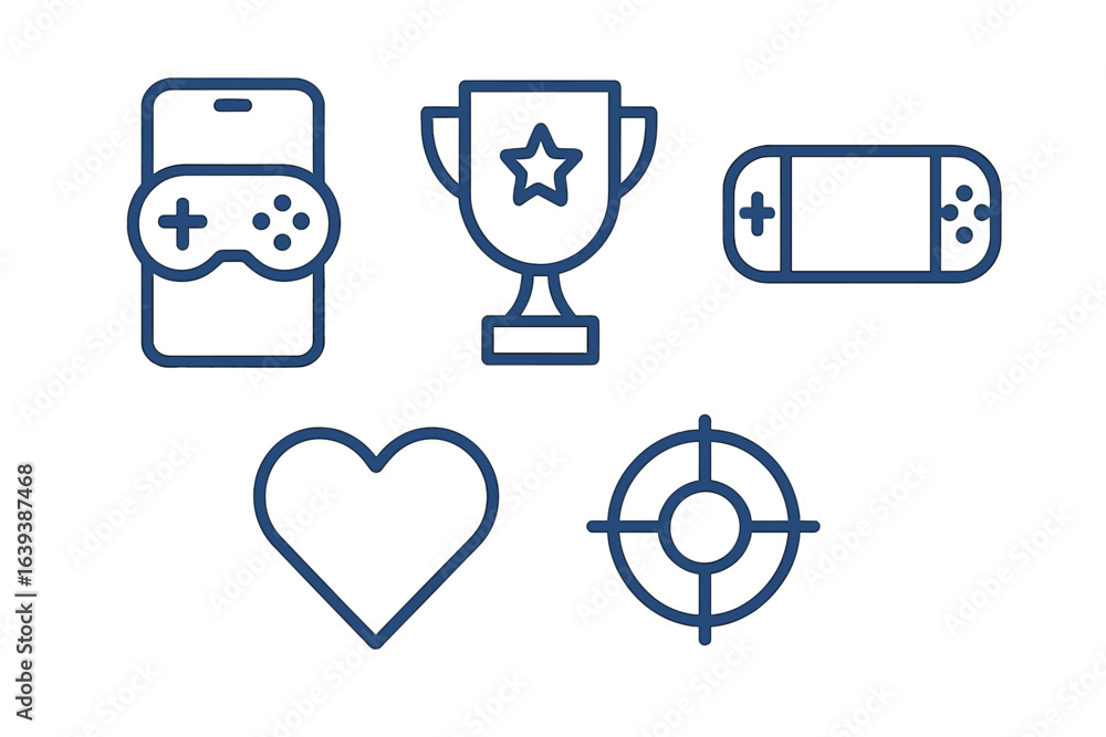 Poster gaming icons represent different aspects of video game culture and competitive play displayed in a m