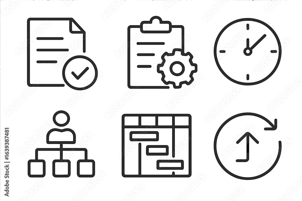 Poster comprehensive visual representation of project management elements featuring documents, charts, and 