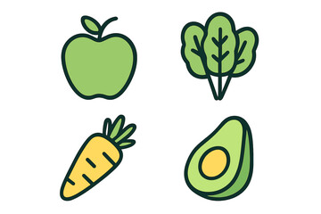 Colorful collection of green vegetables and fruits including an apple, lettuce, carrot, and avocado showcased on a plain background