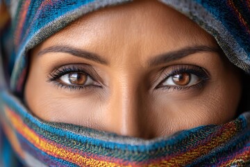 Middle eastern woman wearing a colorful headscarf and showing expressive brown eyes