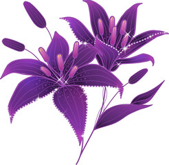 Sparkling Purple Lilies with Leaves