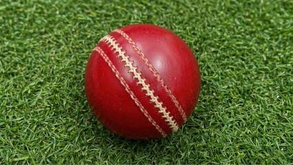 Cricket ball made from test grade hard red cherry leather, white hand-stitched seam, pure cork center, and shiny wax finish on fake green turf