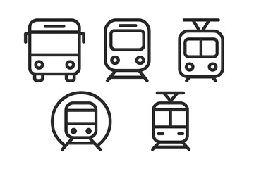 Different modes of public transportation depicted in minimalist line art style featuring buses and trains