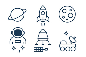 Icons depicting space exploration elements such as rockets, planets, and astronauts in a minimalist design © Andrei