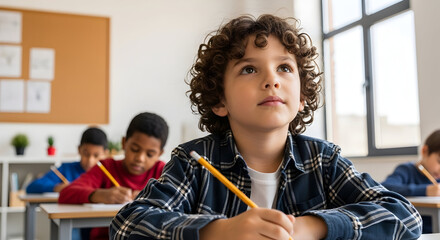 Schoolboy attentively listening in class thoughtful expression learning education classroom child student knowledge lesson attentive focus bright future academic success childhood elementary school