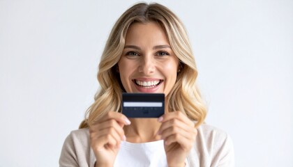 Fototapeta premium Close-up portrait of an excited and happy blonde female recommending her new credit card, smiling and satisfied with her bank's financial services.