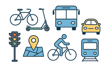 Urban transportation icons depicting various modes including buses, bicycles, scooters, and traffic signals in a modern city