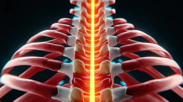 Lumbar Spine: A detailed medical illustration showcasing the intricacies of the spine with anatomical accuracy, highlighting the spinal cord and vertebral structure, set against a dark background. - Powered by Adobe