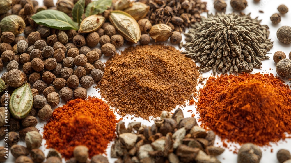 Poster close-up of assorted round spices on a white surface with vibrant colors and textures