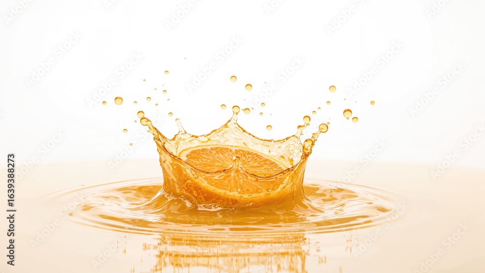Aufkleber orange segments splashing into juice against a white backdrop with clipping path included.