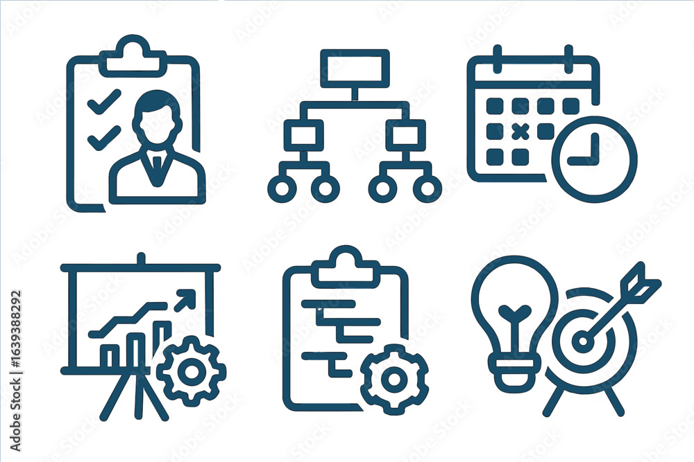 Poster business planning and workflow management concepts depicted through clear and simple icons represent