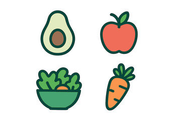 Colorful illustrations of fresh produce including avocado, apple, salad, and carrot for health-conscious eating