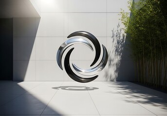 A modern abstract metallic logo with a swirling, circular design, symbolizing innovation and movement in a clean, architectural setting