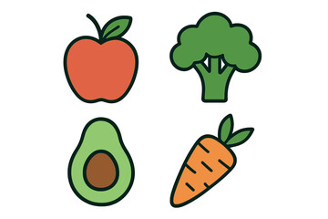 Colorful illustrations of fresh fruits and vegetables on a simple background for healthy eating inspiration