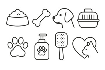 Collection of pet care icons including food, toys, grooming tools, and pet carriers