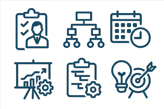 Business planning and workflow management concepts depicted through clear and simple icons representing various tasks and tools