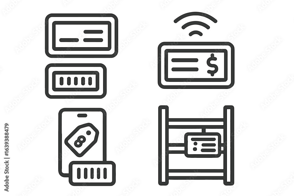 Poster digital payment methods shown through various icons representing modern transactions and ticketing s
