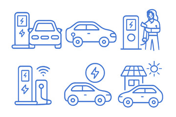 Fototapeta premium Electric vehicle charging stations featuring various charging types and user interactions with eco-friendly technology