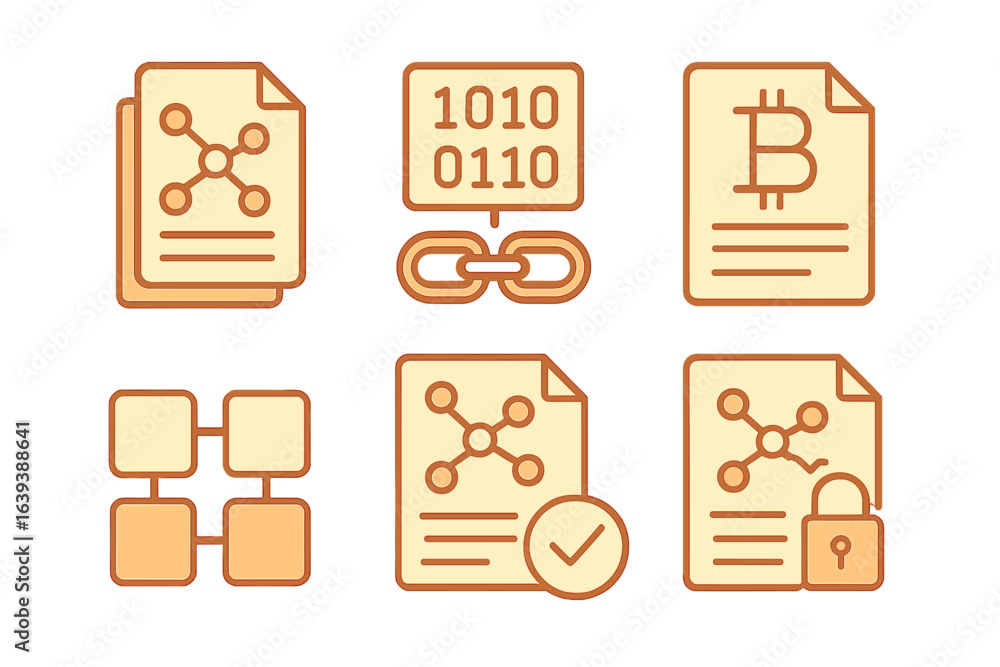 Poster visual representation of blockchain technology concepts and cryptocurrency symbols for educational p