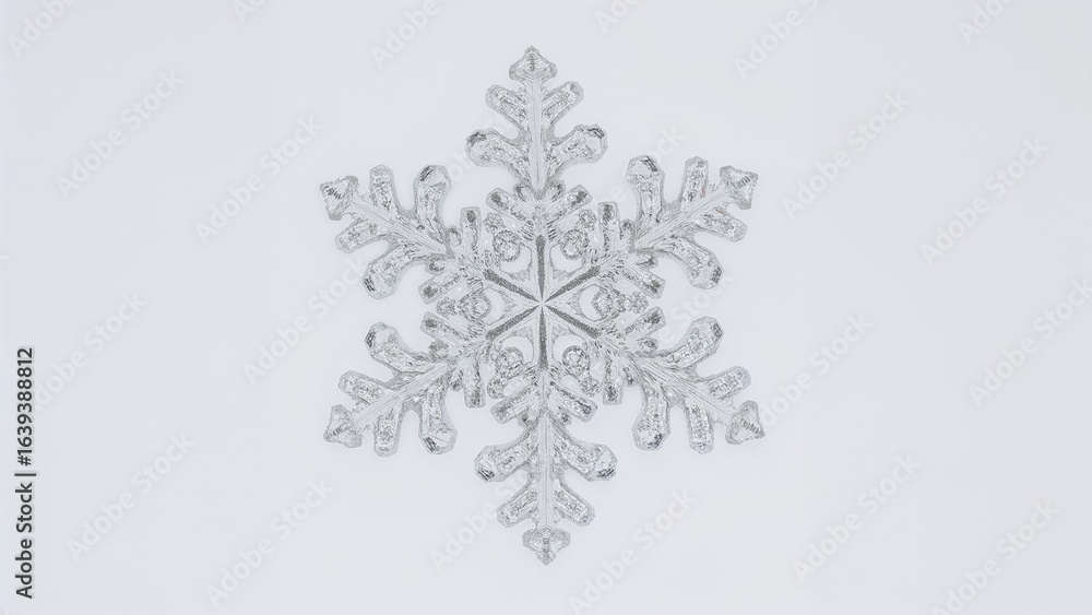 Poster detailed macro shot of an isolated snowflake featuring symmetrical dendritic branches and a shiny te