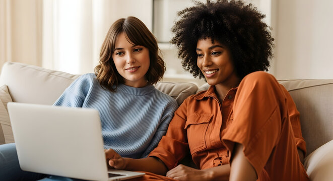 Two Diverse Women Friends Using Laptop Together on Cozy Sofa at Home Happy Smiling Lifestyle Technology