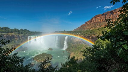 Bright rainbow arching over a flowing waterfall amid summer nature
