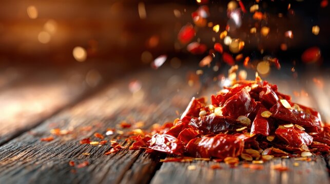 A dynamic composition of dried red chilies with scattered spice flakes, beautifully visualizing the intensity and versatility of spices in culinary traditions and cooking adventures.