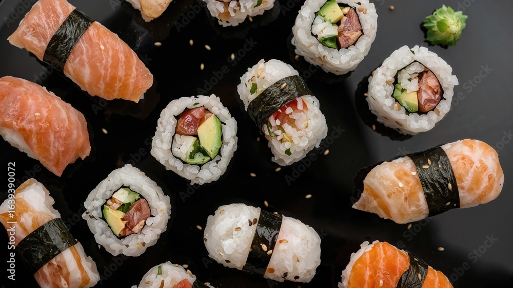 Poster bird's-eye view of sushi rolls arranged on a black backdrop with empty area for text