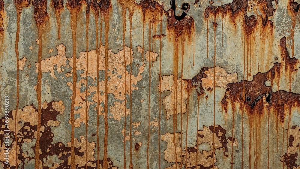 Poster old machineâ€™s metal casing covered in textured paint with rust and paint runs