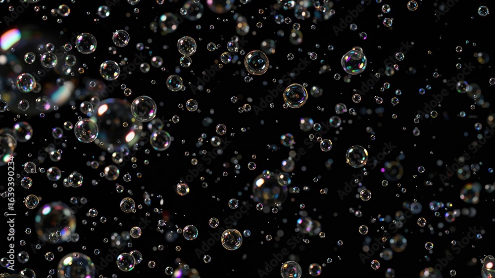 Poster randomly scattered soap bubbles hovering over a black surface for design overlays.