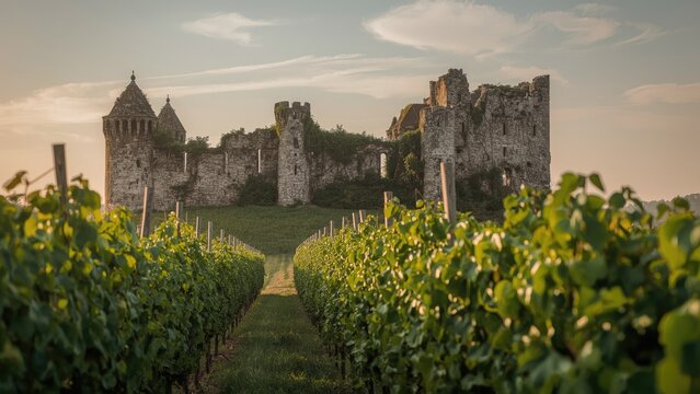 Decayed Castle Structure Overlooking a Wine Vineyard