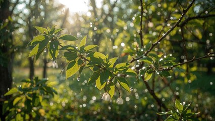 Fototapeta premium Springtime trees adorned with wet leaves and sunlight