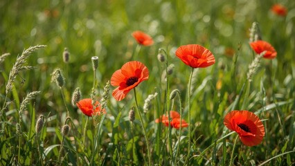 Fototapeta premium Radiant Red Blossoms on a Vibrant Green Lawn