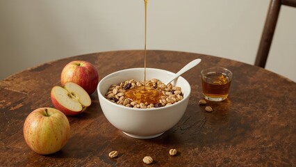 Fototapeta premium Overhead shot of a bowl filled with nut and raisin cereal alongside honey on a wooden table in an old-fashioned cafe ambiance.