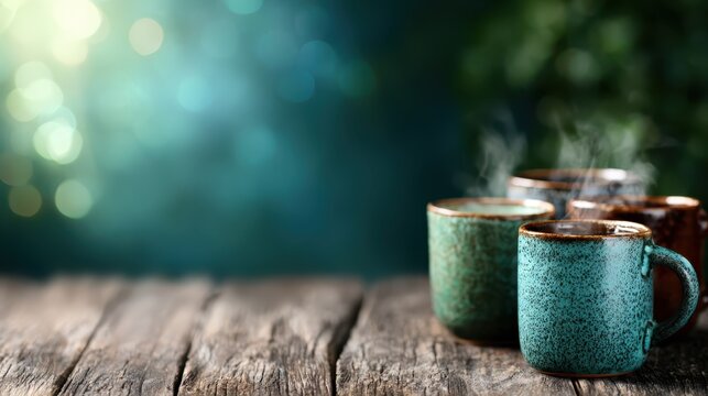 A cozy collection of steaming coffee mugs in various colors, invites warmth and comfort, perfect for intimate gatherings or quiet moments enjoying a hot beverage.