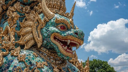 Fototapeta premium Decorative high relief sculpture of a demon-human hybrid embellished with intricate tiles at a religious site
